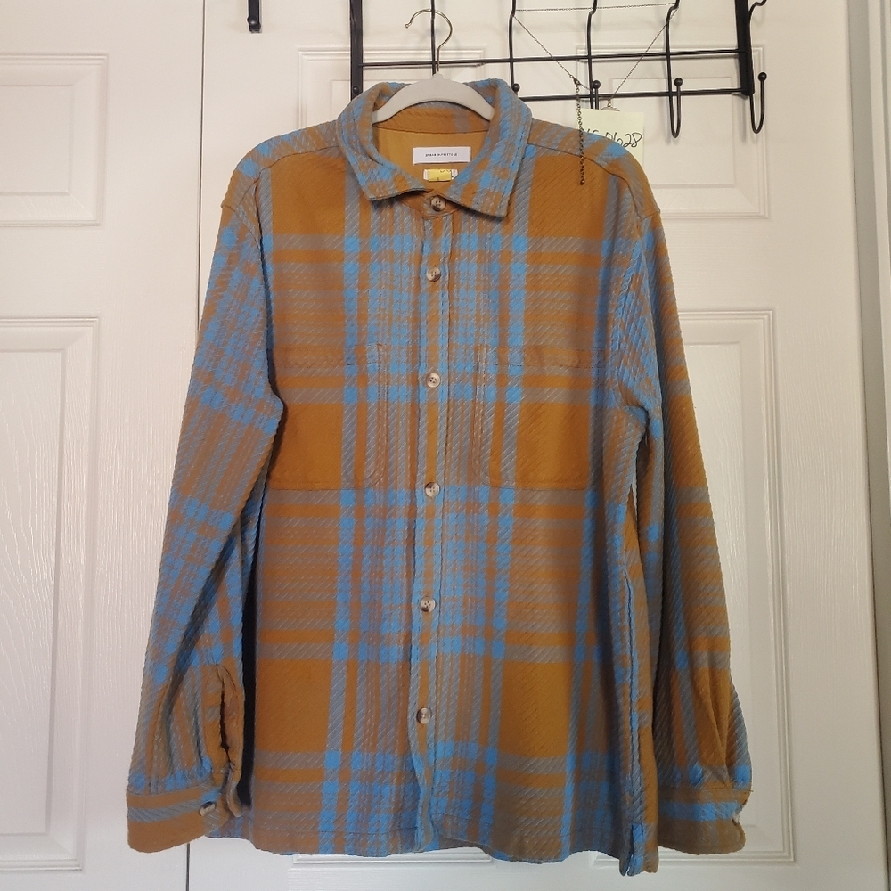 Urban Outfitters Plaid Shirt-jacket Button-up Long Sleeves Textured Golden Brown